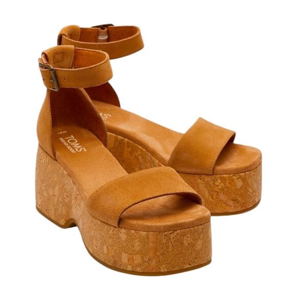 Toms Shoes - TOMS Tan Suede Cork Platform Sandals 9.5